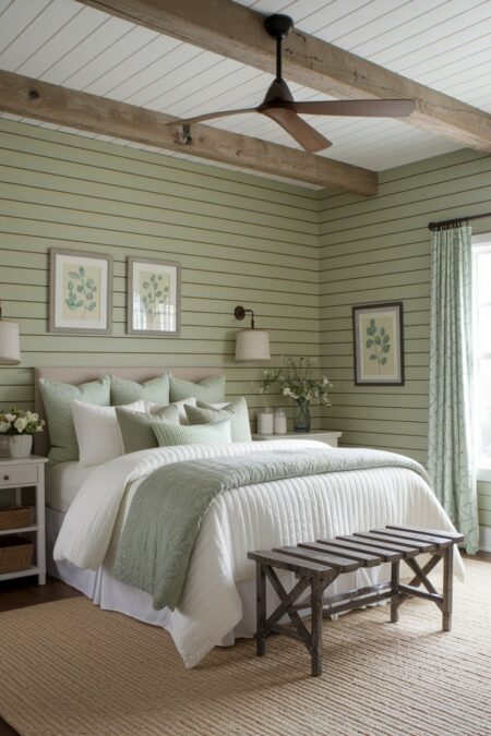 farmhouse style sage green bedroom with shiplap walls, exposed beams, sage green accent pillows and blanket
