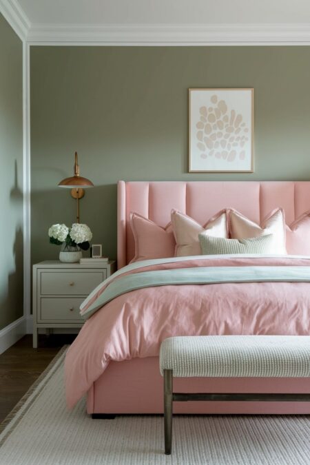 feminine sage green bedroom with blush pink bed and bedding