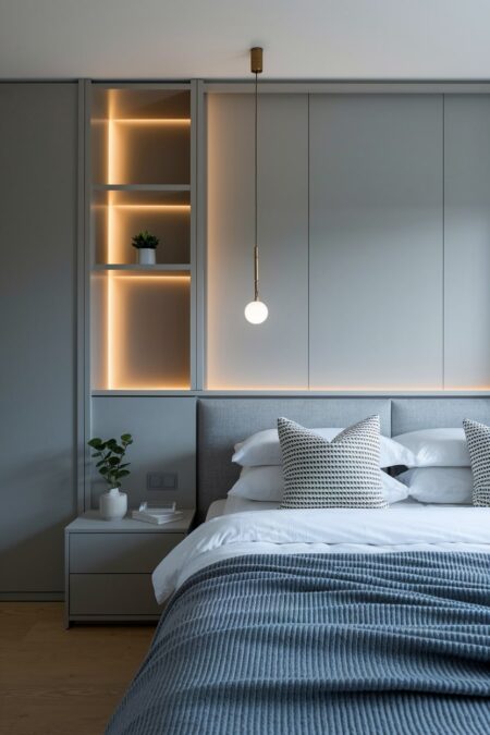 gray minimalist bedroom with integrated headboard and shelves, ambient lighting