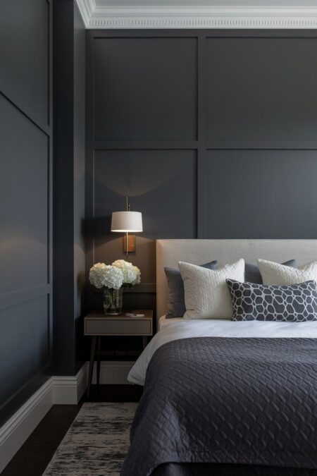 gray monochromatic bedroom with light gray headboard and wall sconce