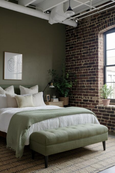 industrial style bedroom with dark sage green accent wall, exposed brick wall, sage green upholstered bench