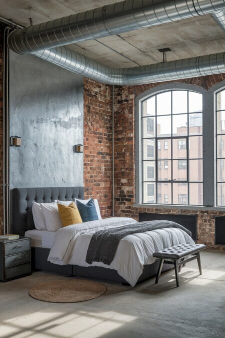 industrial style masculine bedroom with exposed brick walls, concrete wall behind the headboard, and concrete floor