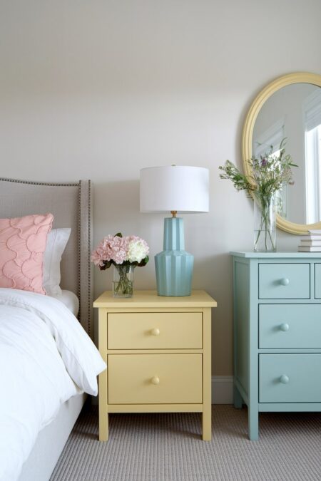 light bedroom with pastel yellow nightstand and pastel blue dresser