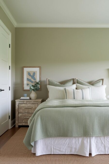 light coastal style bedroom with sage green walls and bedding, driftwood nightstand