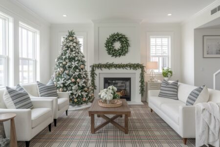 light contemporary living room with a fireplace and Christmas decor