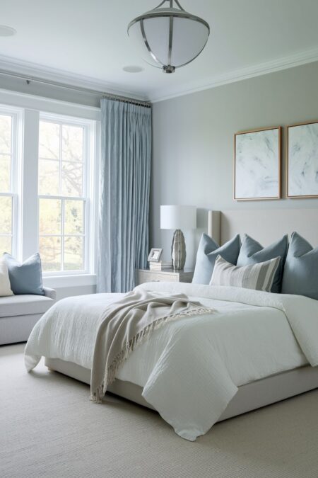 light cool neutral bedroom with dove gray walls, blue accents, and chrome light fixture