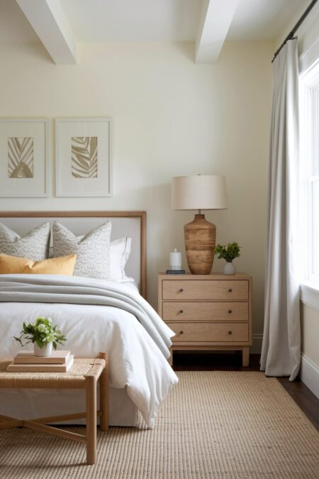 light cream bedroom with natural wood furniture and table lamp, light gray blanket and curtains