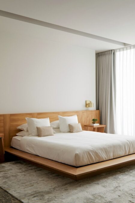 light minimalist bedroom with a natural wood low profile platform bed