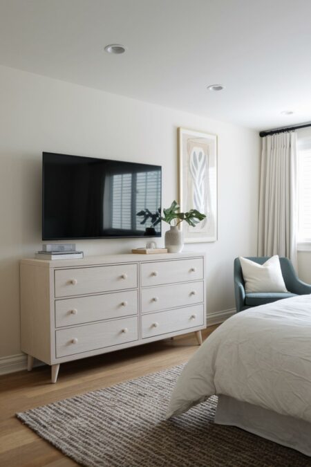 light minimalist bedroom with a TV above dresser