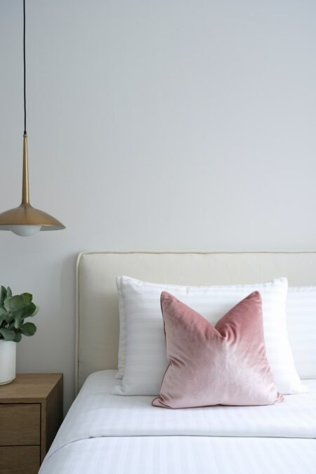 light minimalist bedroom with an accent pastel rose velvet pillow