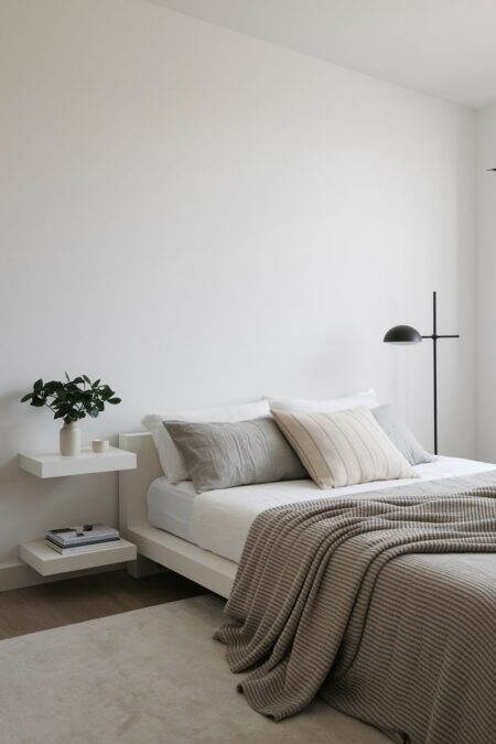 light minimalist bedroom with asymmetry, floating nightstand and black floor lamp