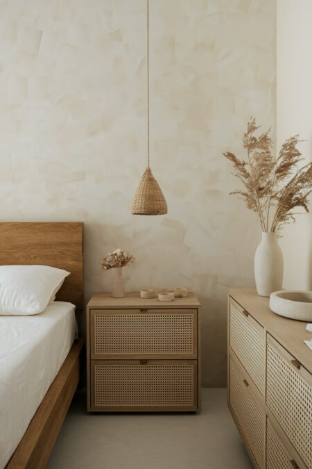 light minimalist bedroom with beige limewashed wall, solid oak bed frame, and rattan furniture