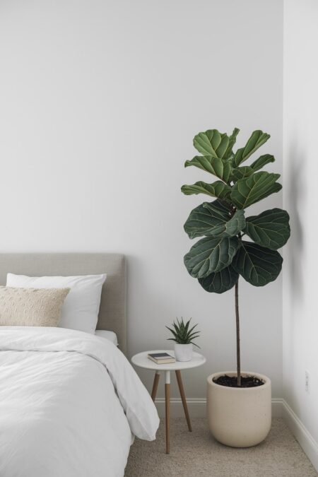 light minimalist bedroom with a fiddle leaf fig