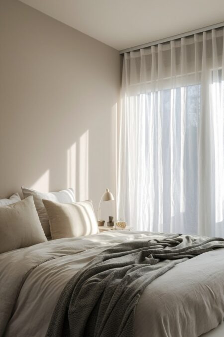 light minimalist bedroom with white sheer curtains