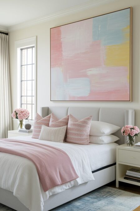 light modern bedroom with an oversized pastel artwork in soft pink, blue, and yellow