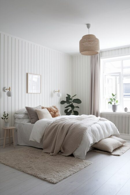 light neutral bedroom in Scandinavian style with soft pillows in varying neutral textures