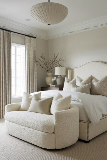 light neutral bedroom with a bed foot storage bench of teddy bouclé fabric with curved backrest
