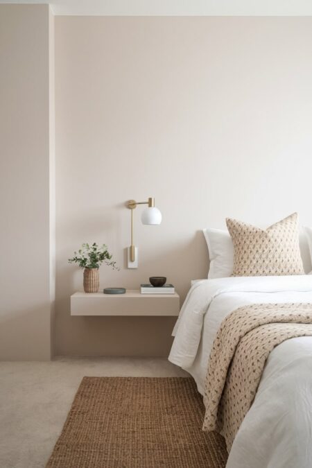 light neutral bedroom with a floating nightstand, jute rug, and beige walls