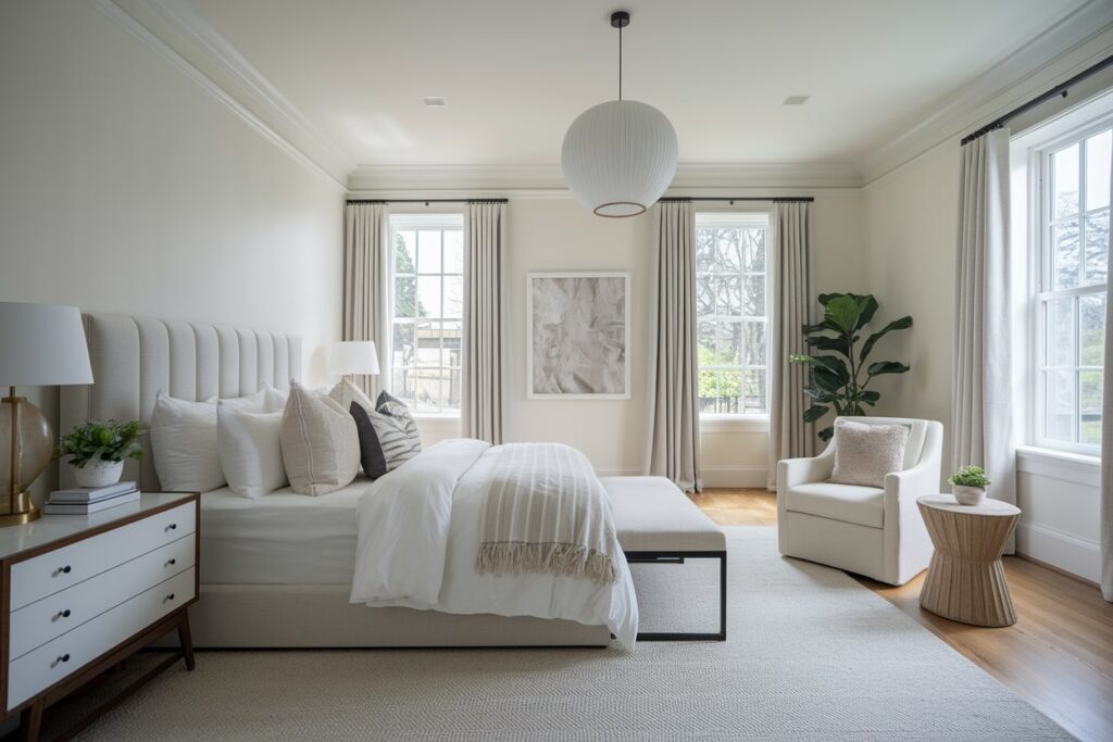 light neutral bedroom with bed bench and white armchair