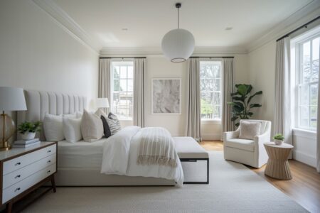 light neutral bedroom with bed bench and white armchair