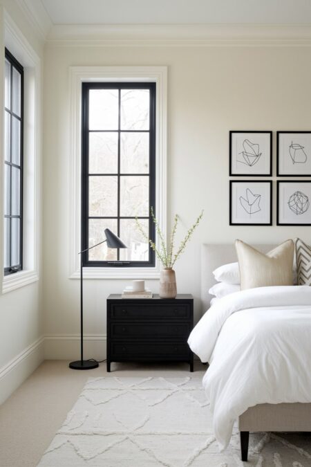light neutral bedroom with black window frames, floor lamp, dresser, and picture frames