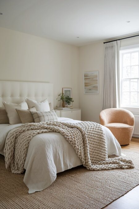 light neutral bedroom with chunky knit blanket, jute rug, and teddy armchair