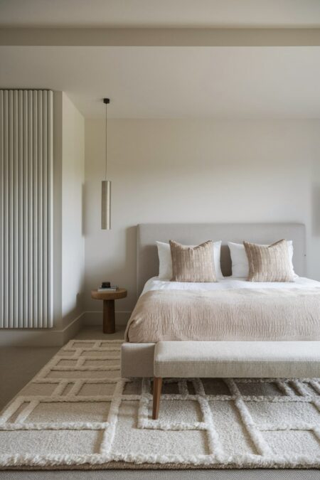 light neutral bedroom with high-low pile area rug