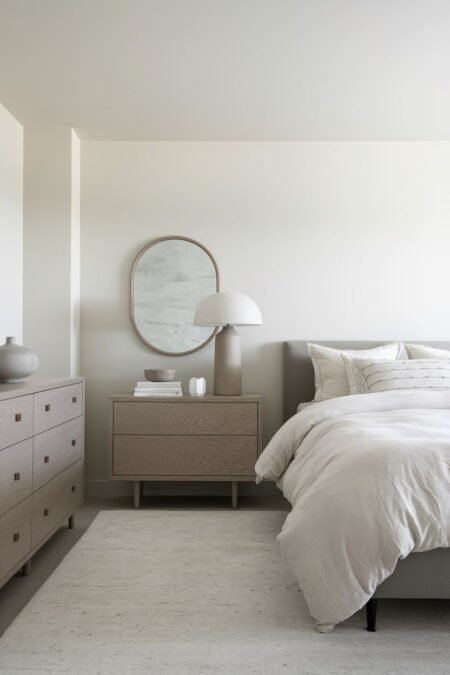 light neutral bedroom with minimalist look, sculptural table lamp, plenty of empty space