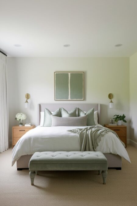 light neutral bedroom with soft sage green accents in artwork, throw blanket, and pillows