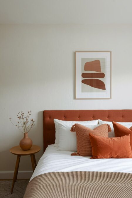 light neutral bedroom with terracotta headboard, pillows, and artwork, clay decor