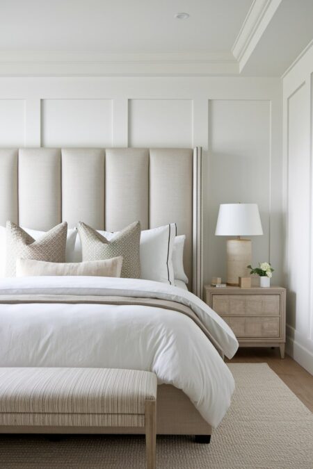 light neutral bedroom with white walls and upholstered headboard