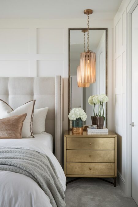 light neutral bedroom with white walls, warm metallic accents in pendant light, mirror frame, and nightstand