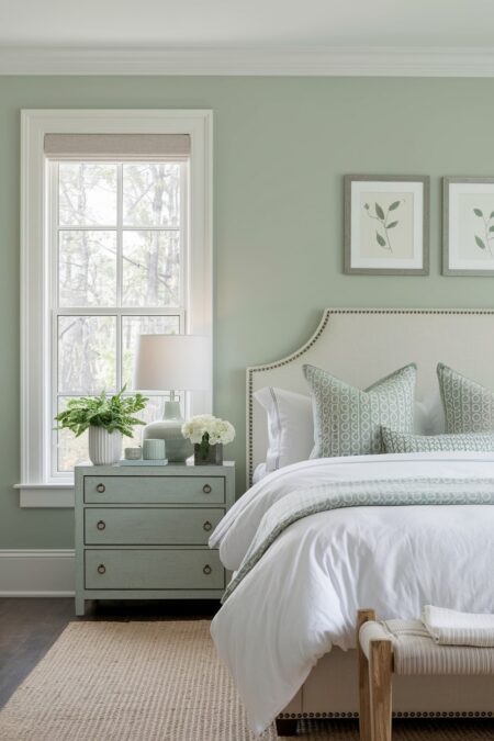 light sage green bedroom with sage green decorative pillows and throw blanket