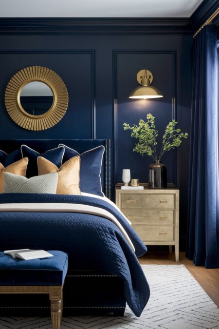 luxurious navy blue bedroom with brass light fixture, gold framed mirror, and gold toned nightstand