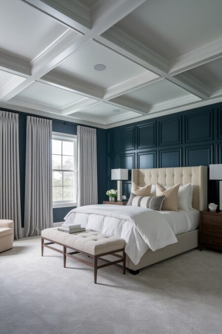 luxury bedroom has dark blue walls with picture frame moldings, and coffered ceiling