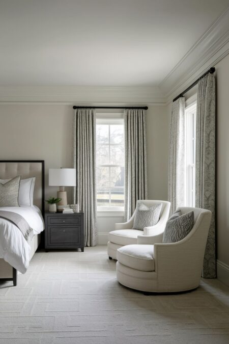 luxury bedroom has dedicated seating area with two light armchairs