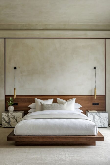 luxury bedroom in minimalist style with walnut platform bed, beige walls, and marble nightstands