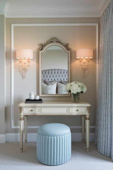 luxury bedroom with a vintage vanity or dressing table and mirror, light blue vanity stool