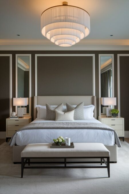 luxury bedroom with brown-gray walls and layered lighting