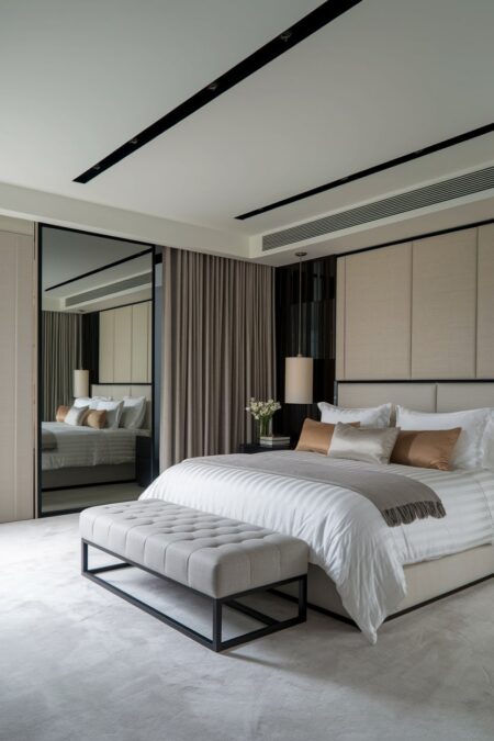 luxury bedroom with a floor-to-ceiling mirror, modern integrated lighting, and light gray carpet