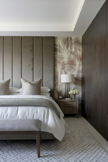 luxury bedroom with floor-to-ceiling velvet headboard, abstract wallpaper, and dark wood built-in wardrobe