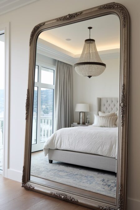 luxury bedroom with a full-length mirror in an antique frame and crystal chandelier