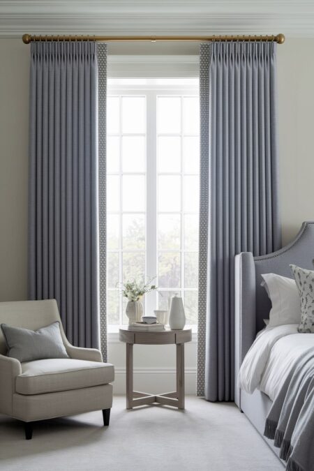 luxury bedroom with high-end muted blue curtains and gold curtain rod