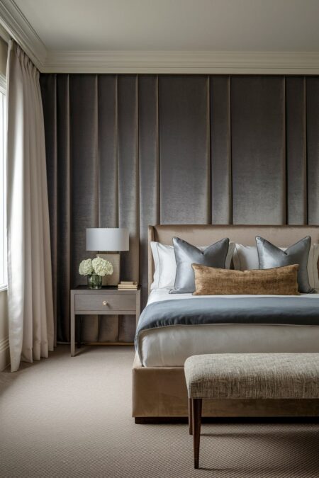 luxury bedroom with opulent fabrics, upholstered velvet wall panels, gray silk pillows, and upholstered bench