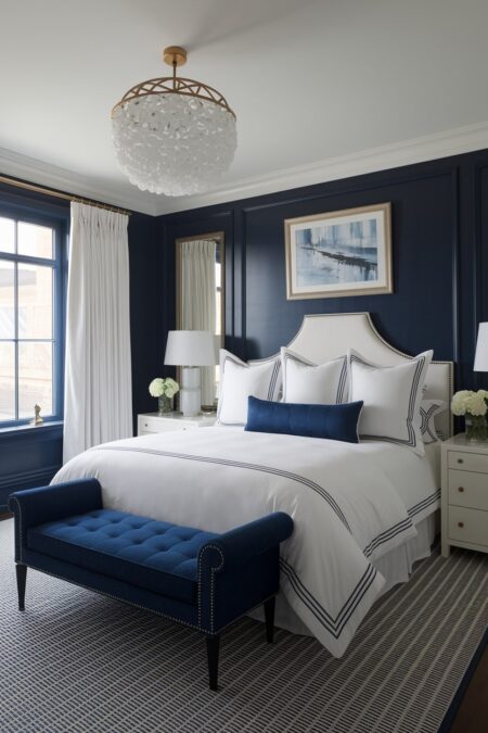 luxury hotel style navy blue bedroom with white bedding and curtains, navy blue bench