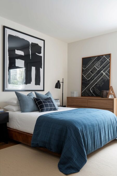 masculine bedroom with black abstract painting with bold brushstrokes, black city map, blue blanket, and wooden furniture