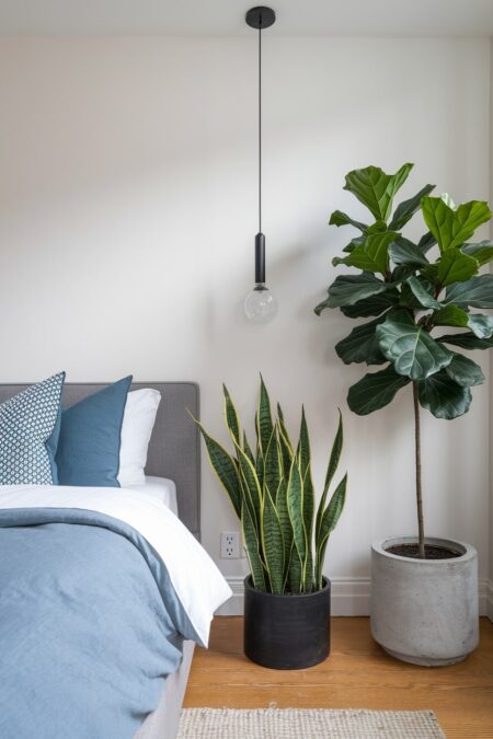 masculine bedroom with blue and white bedding, wooden flooring, snake plant and fiddle-leaf fig