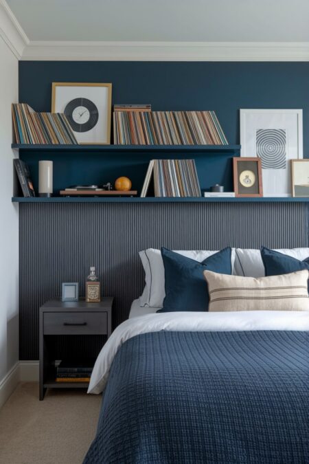 masculine bedroom with a dark blue wall and throws, shelves with collections of vinyl records and books