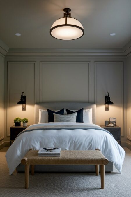 masculine bedroom with layered lighting, same beige or greige color walls and ceiling