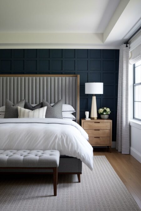 masculine bedroom with navy blue board and batten accent wall and tall gray upholstered channel tufted headboard